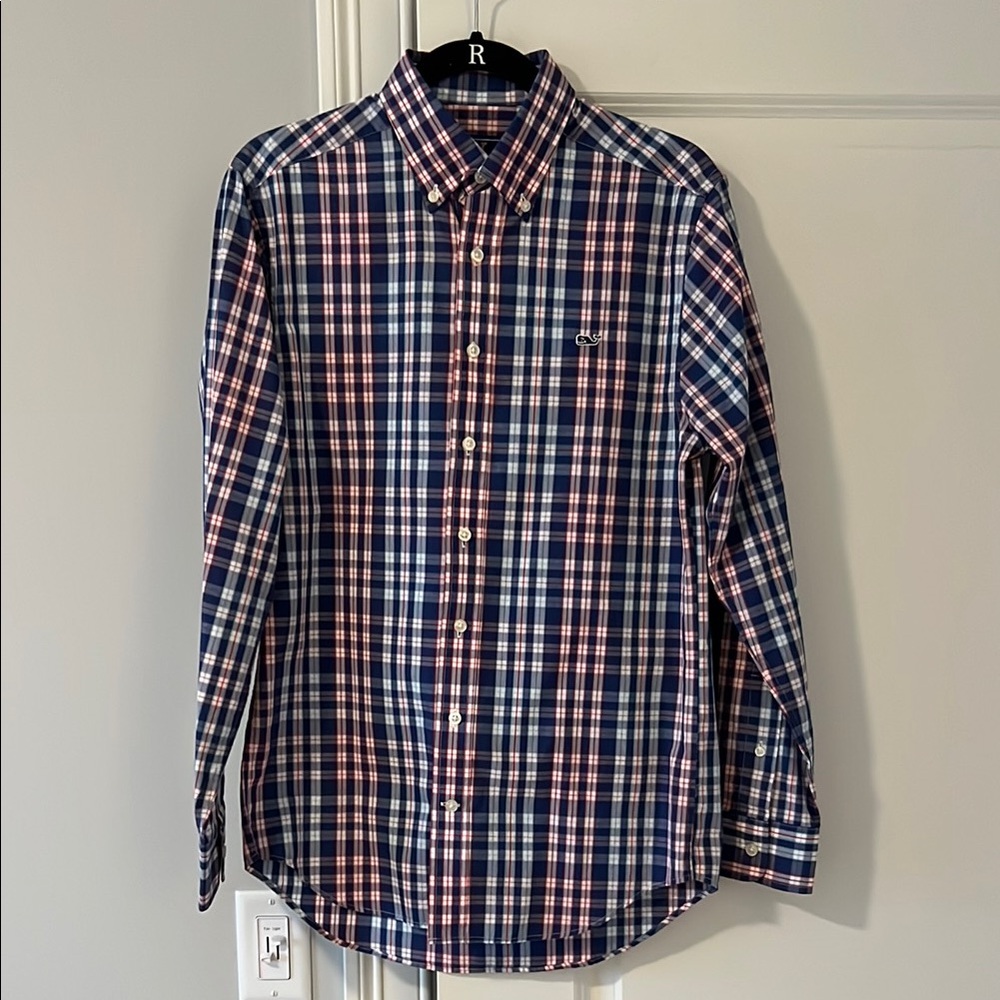 Men's Blue and Red Plaid Shirt